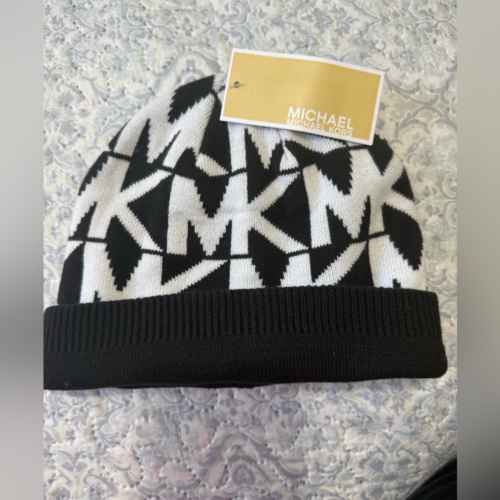 Michael Kors Black and White MK Logo Beanie